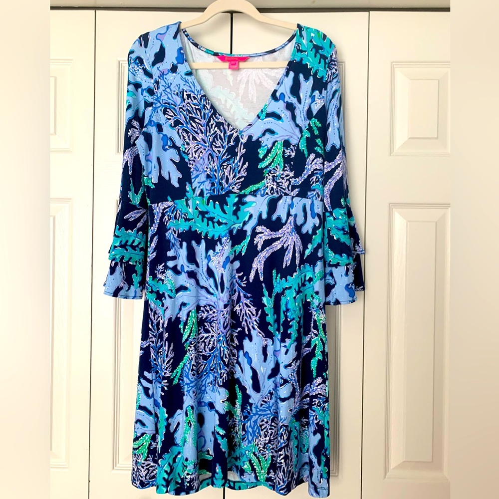 EUC V-Neck Lilly Pulitzer Long-Sleeved Coral Print Dress Size Large